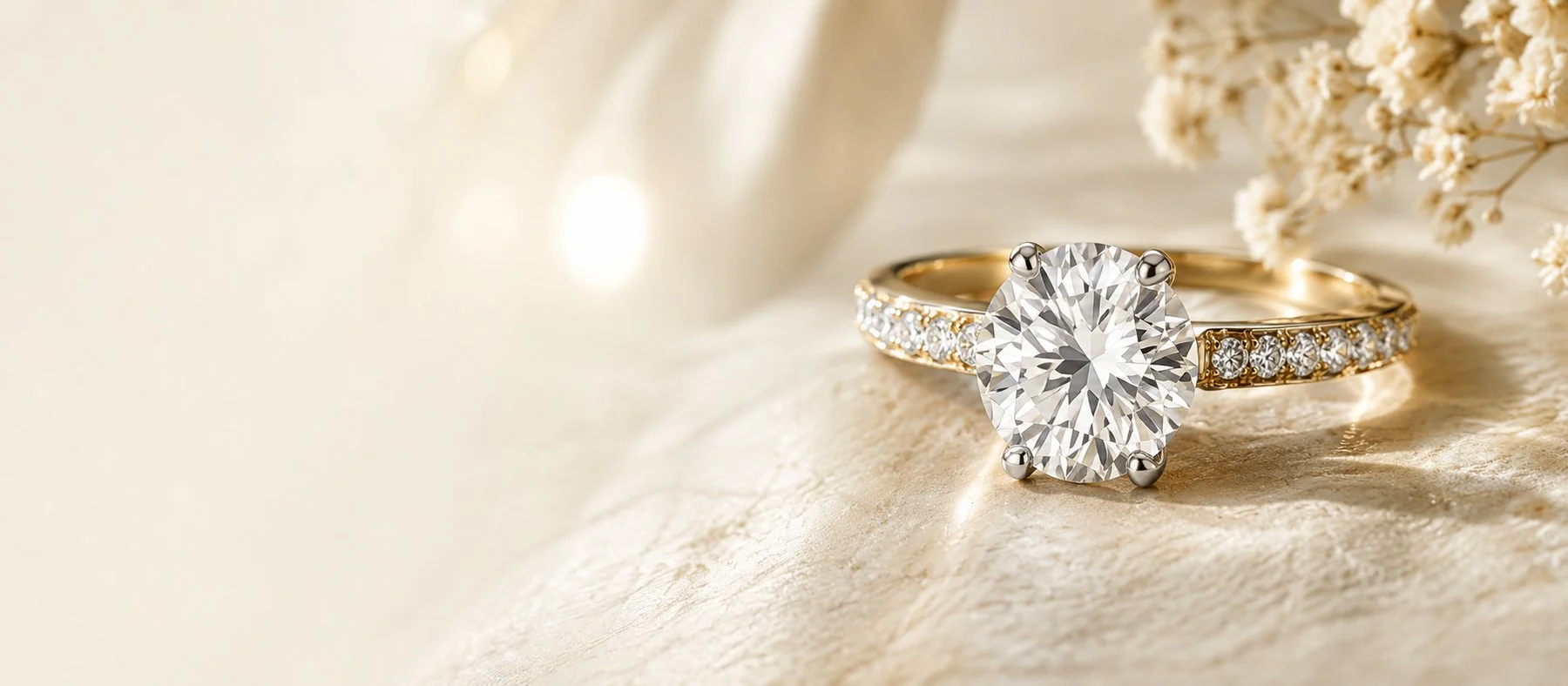 A natural diamond solitaire engagement ring in gold with a pave-set band, resting on ivory silk beside sprigs of baby's breath