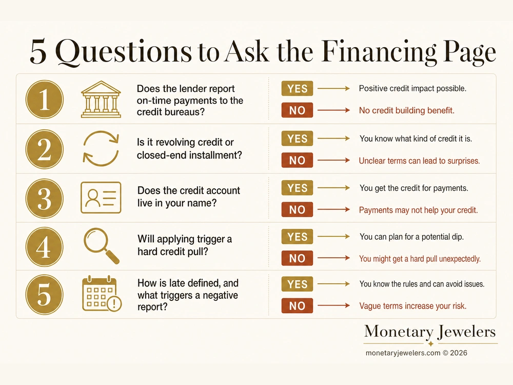 5 Questions to Ask the Financing Page infographic for Does jewelry financing build credit?.