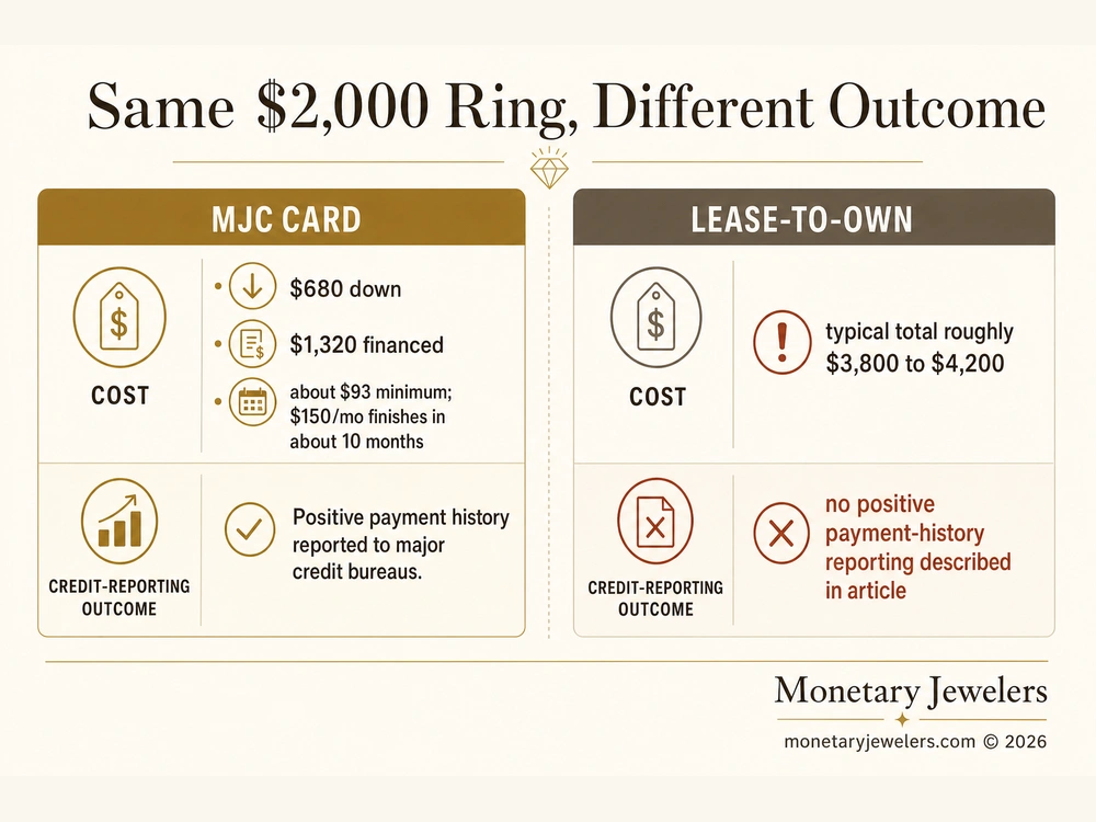 Same $2,000 Ring, Different Outcome infographic for Does jewelry financing build credit?.