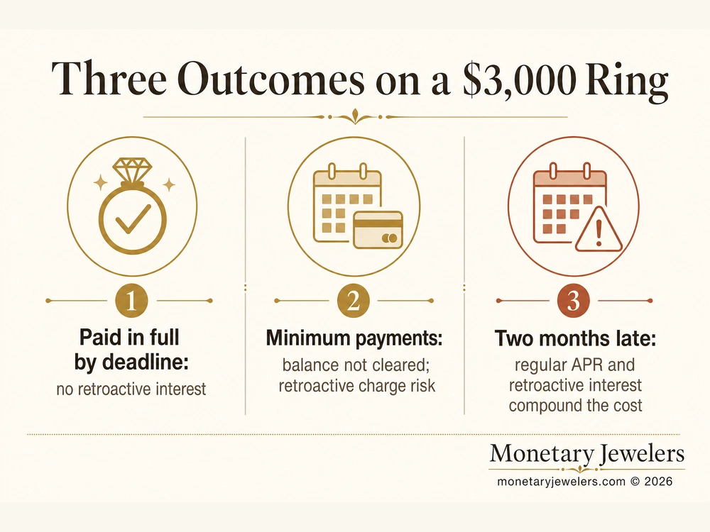 Three Outcomes on a $3,000 Ring infographic for Deferred interest jewelry financing.