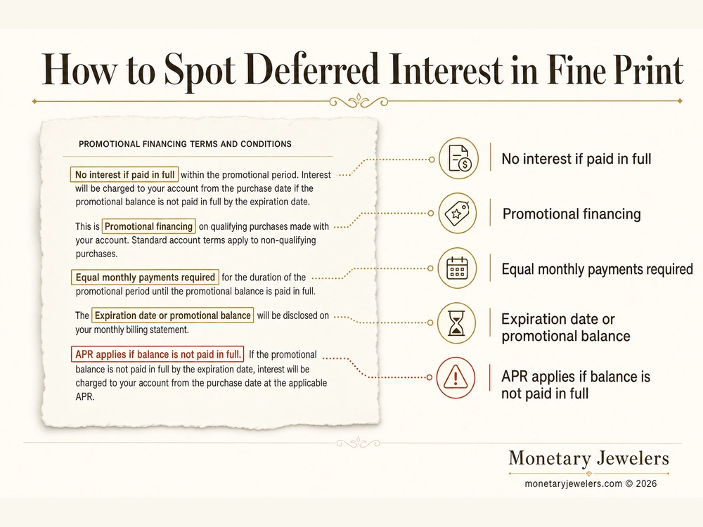 How to Spot Deferred Interest in Fine Print infographic for Deferred interest jewelry financing.