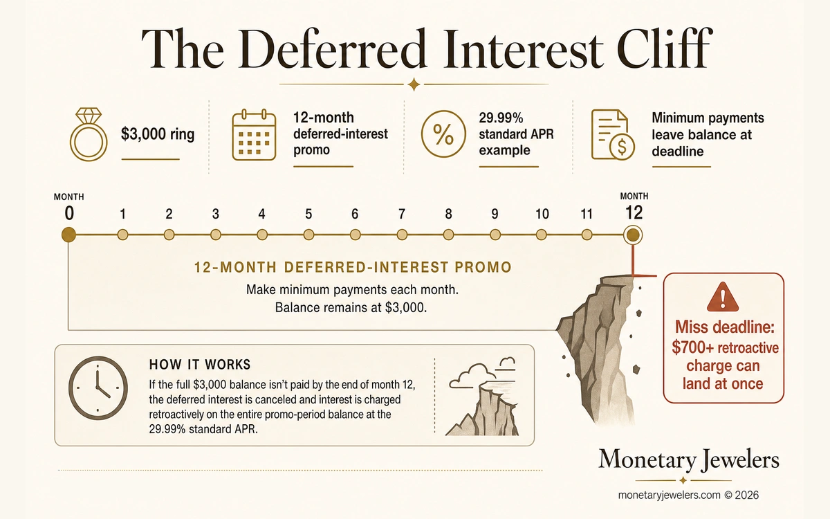 The Deferred Interest Cliff infographic for Deferred interest jewelry financing.