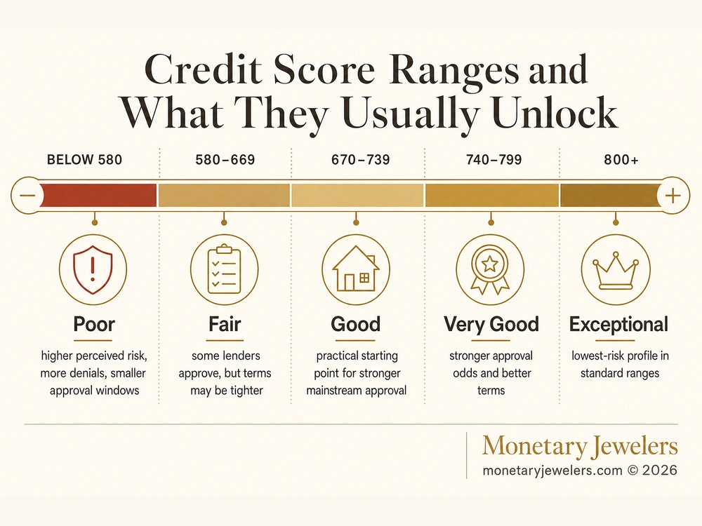 Credit Score Ranges and What They Usually Unlock infographic for Credit score to finance an engagement ring.