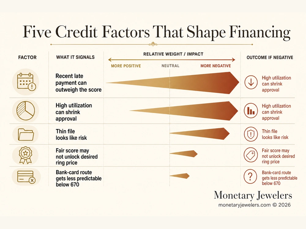 Five Credit Factors That Shape Financing infographic for Credit score to finance an engagement ring.