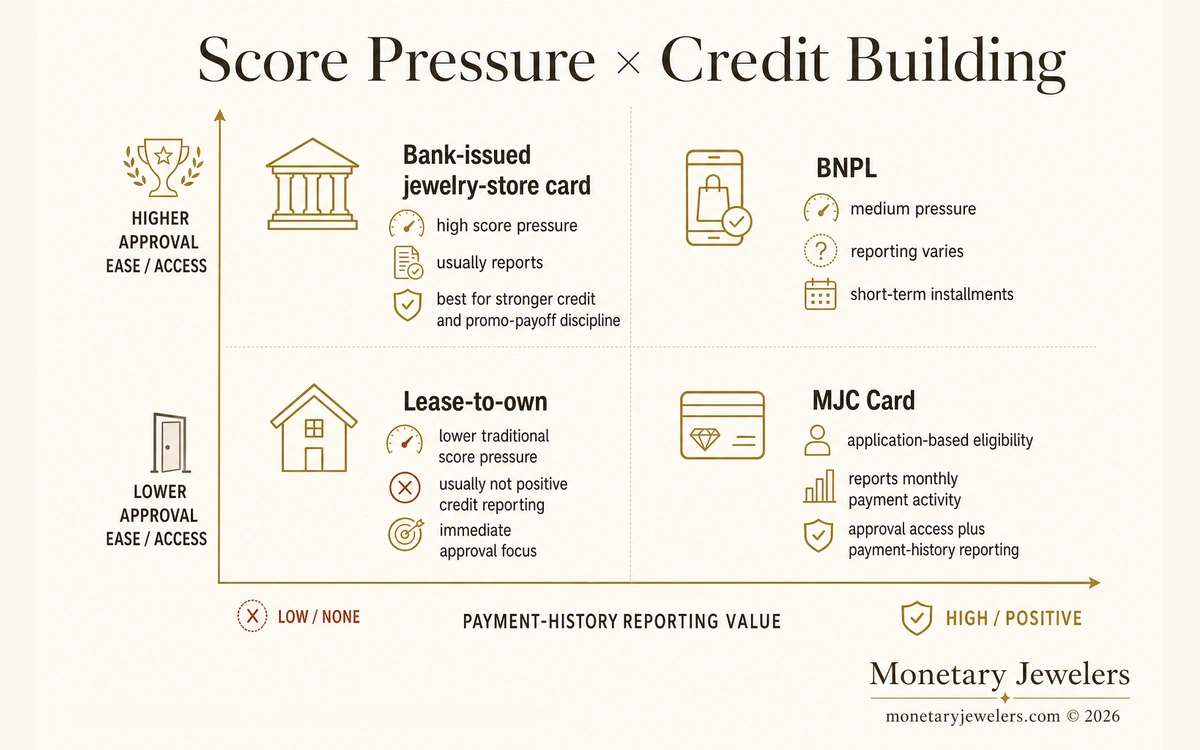 Score Pressure × Credit Building infographic for Credit score to finance an engagement ring.