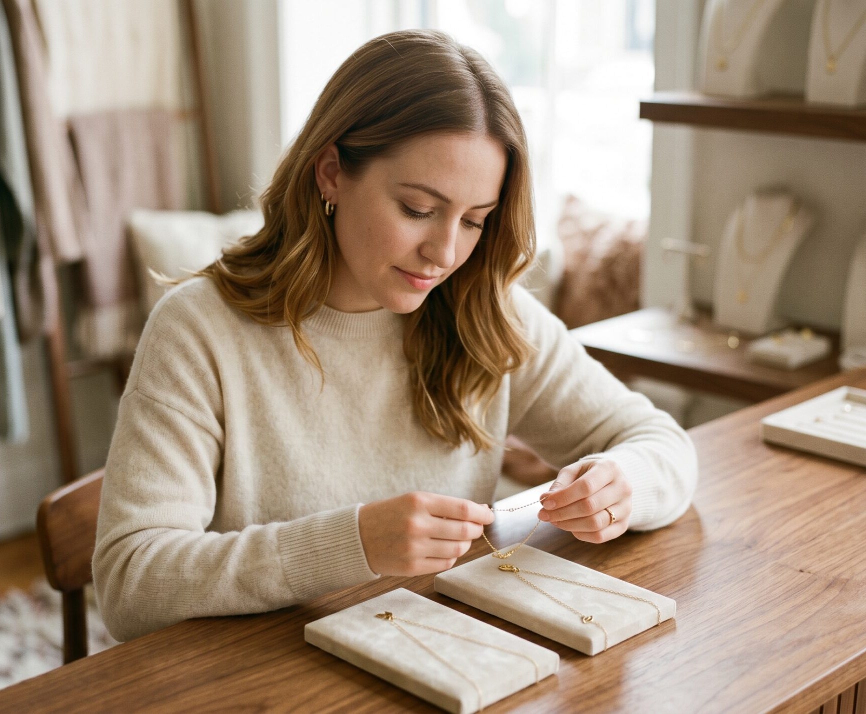 Woman examining gold necklaces on marble jewelry trays at a wooden table