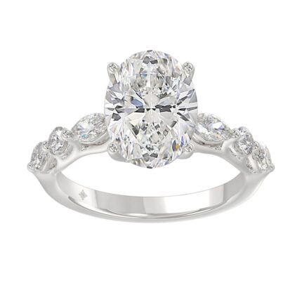 Elegant 14K White Gold Bridal Fancy Ring for Ladies 3 3/4CT Round & Marquise& Oval Cut Diamonds 3.00CT Center stone (Color F-G -Clarity VS1/V