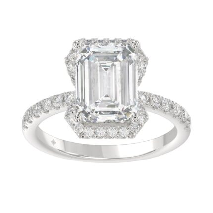14K White Gold 4 1/2CT ladies Round & Emerald-cut diamond halo engagement Ring 4.00CT Emerald Center stone (Color F-G -Clarity VS1/VS2)
