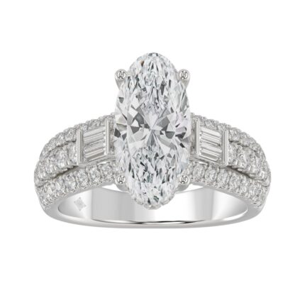 Classic 14K White Gold Ladies Diamond Ring 4.00CT Round Oval & Baguette Diamonds with 3.00CT Oval Center stone (Color F-G -Clarity VS1/VS2)