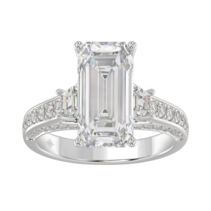 Luxury 14K White Gold Ladies Diamond Ring 4.00CT Round, Emerald & Baguette Diamonds with 3.00CT Emerald Center stone (Color F-G -Clarity VS1/VS2)