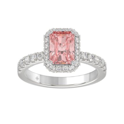 14K White Gold 4.00Ct Round Diamond Halo Ring For Women 3.00Ct Pink Radiant Cut Center Stone With Round Diamond Halo (Color F-G -Clarity Vs1/Vs2)