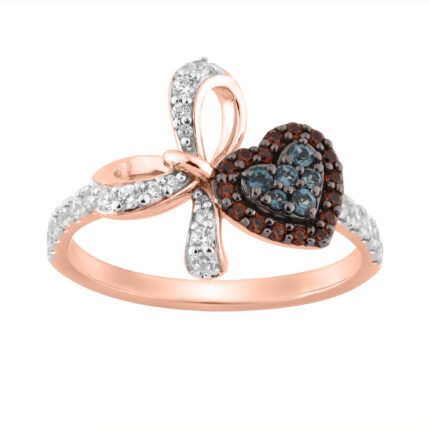Women�S 14K Rose Gold Round Diamond Ring 0.50Ct Blue & Dark Brown With Heart-Shaped Cluster