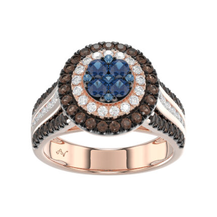 14K Rose Gold Multi Color Diamond Halo Ring 1.50Ct Blue, Dark Brown & Round Diamond Ladies Ring