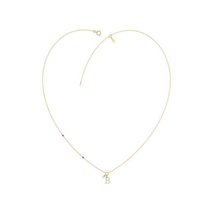 Stylish 10K Yellow Gold Ladies “K” Letter Necklace Featuring Round Ruby Diamonds And Pearl Accents. A Delicate And Personalized Fine Jewelry