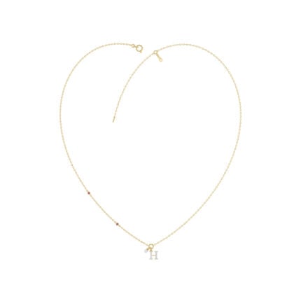 Stylish 10K Yellow Gold Ladies “H” Letter Necklace Featuring Round Ruby Diamonds And Pearl Accents. A Delicate And Personalized Fine Jewelry