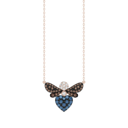 14K Rose Gold Ladies Butterfly Pendant With Colorful Diamond Accents In Blue, Dark Brown, And Round Cuts. A Stylish 0.33 Ct Jewelry Necklace With Chai