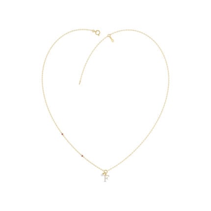 Stylish 10K Yellow Gold Ladies “F” Letter Necklace Featuring Round Ruby Diamonds And Pearl Accents. A Delicate And Personalized Fine Jewelry