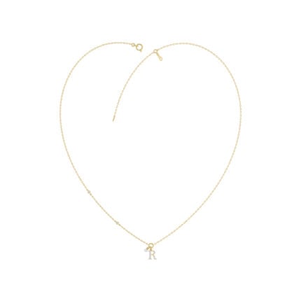 Stylish 10K Yellow Gold Ladies “R” Letter Necklace Featuring Round Ruby Diamonds And Pearl Accents. A Delicate And Personalized Fine Jewelry
