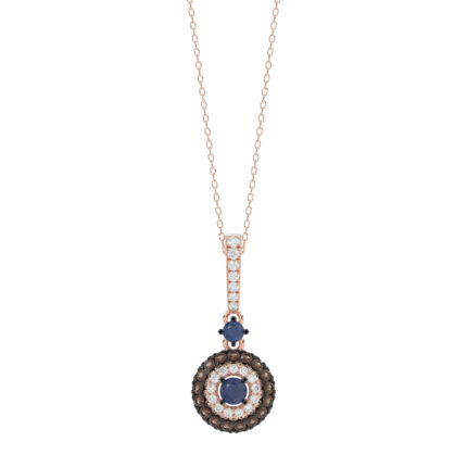 Luxury 14K Rose Gold Ladies Pendant With Chain Featuring Blue And Dark Brown & Round Diamonds. 0.50 Ct Elegant Jewelry Piece Perfect For Gifting.