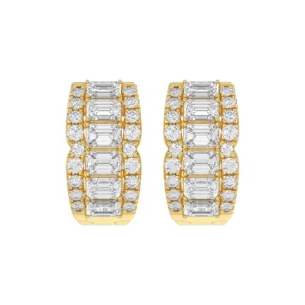 14K YELLOW GOLD 1 3/4CT ROUND/EMERALD DIAMOND HOOP EARRINGS