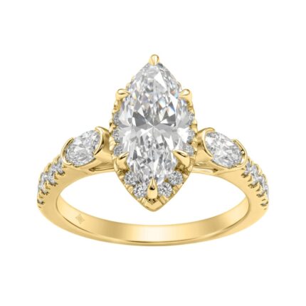 Luxury 14K Yellow Gold 3.00 Ct Marquise, Oval And Round Diamond Halo Bridal Engagement Ring For Women 2Ct Marquise Center Stone (Color F-G -Clarity Vs