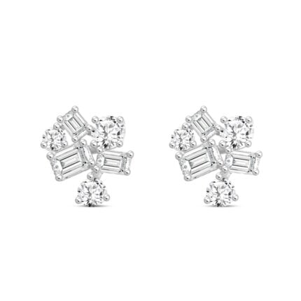 LADIES STUD EARRINGS 3 1/2CT EMERALD/ROUND DIAMOND 14K WHITE GOLD