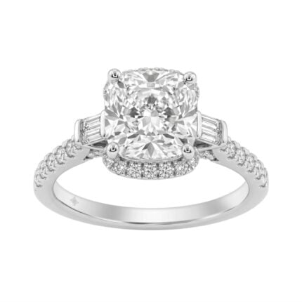 Elegance Ladies 3 1/2CT Round/Baguette/Cushion Lab Grown Diamond Bridal Ring 14K White Gold Ladies Engagement Ring with 3.00CT Cushion Center stone (C