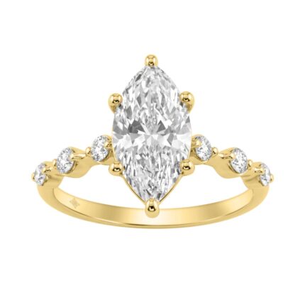 Women 14K Yellow Gold 2 1/4Ct Lab Grown Diamond Ring Marquise Cut With Round Side Stone Engagement Ring 2.00Ct Marquise Center Stone (Color F-G -Clari
