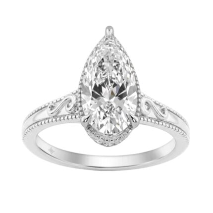 LADIES 14K White Gold 2 1/6Ct Diamond Engagement Ring Elongated Pear Cut Center With Round Side Stones, Elegant Fine Ring 2Ct Pear Center Stone (Color
