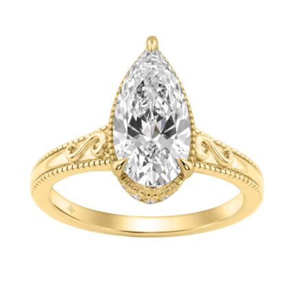 Luxury 14K Yellow Gold 2 1/6Ct Elongated Pear-Shaped Diamond Hidden Halo Ladies Engagement Ring With Round Diamonds 2Ct Pear Center Stone (Color F-G -