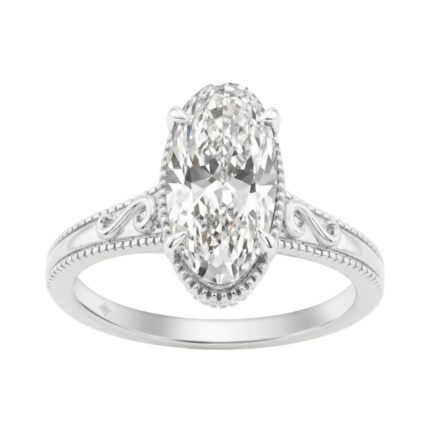 LADIES 14K White Gold 2 1/6Ct Diamond Engagement Ring Elongated Oval Cut Center With Round Side Stones, Elegant Fine Ring 2Ct Oval Center Stone (Color