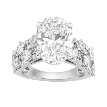 14K White Gold 6 1/4Ct Diamond Engagement Ring For Women 5Ct Oval Center Stone With Pear,& Round Side Stones, Luxury Bridal Ring (Color F-G -Clarity V