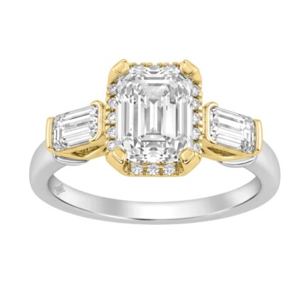 14K White/Yellow Gold 2 3/4Ct Round & Emerald Cut Lab-Grown Diamond Three-Stone Ladies Engagement Bridal Ring 2Ct Emerald Center Stone (Color F-G -Cla