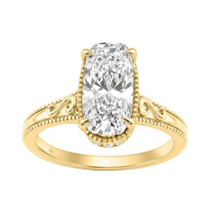 LADIES 14K Yellow Gold 2 1/6Ct Diamond Engagement Ring Elongated Cushion Cut Center With Round Side Stones, Elegant Fine Ring 2Ct Cushion Center Stone