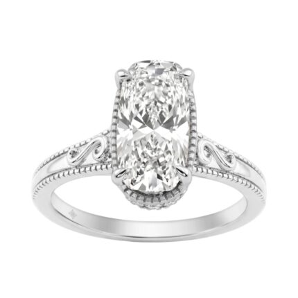 LADIES 14K White Gold 2 1/6Ct Diamond Engagement Ring Elongated Cushion Cut Center With Round Side Stones, Elegant Fine Ring 2Ct Cushion Center Stone
