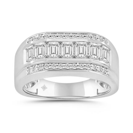 MENS RING 2.00CT ROUND/EMERALD DIAMOND 14K WHITE GOLD