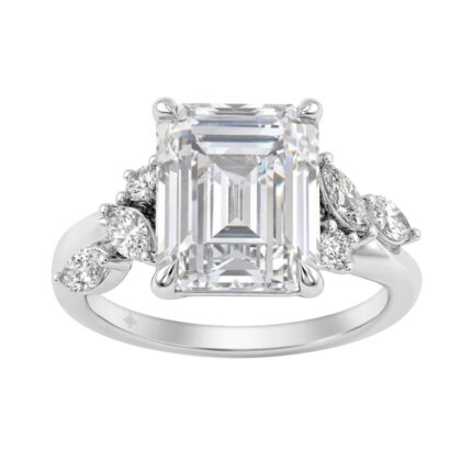 Luxury 14K White Gold 5 1/2Ct Lab-Grown Diamond Ring 5Ct Emerald Center With Marquise & Round Side Stones For Women Engagement Ring (Color F-G -Cl
