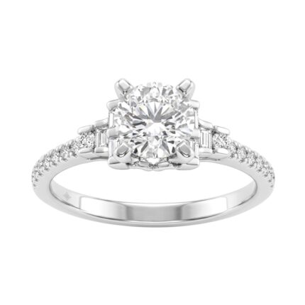 Round Diamond Engagement Ring 1 1/4Ct 14K White Gold Ring With Round & Baguette Accent Diamonds For Women 1Ct Round Center Stone (Color F-G -Clari