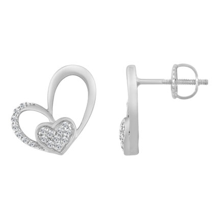 10K WHITE GOLD DOUBLE HEART DIAMOND EARRING FOR LADIES 0.15CT ROUND DIAMOND
