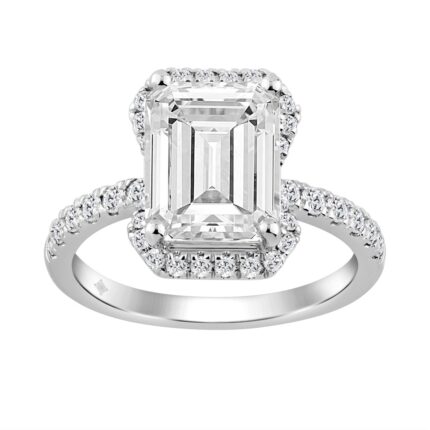 10K White Gold 4 1/2CT ladies Round & Emerald-cut diamond halo engagement Ring 4.00CT Emerald  Center stone (Color F-G -Clarity VS1/VS2)