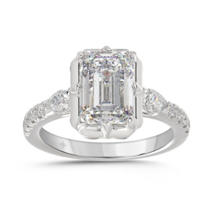 14K WHITE GOLD 3 1/2CT ROUND/PEAR/EMERALD DIAMOND LADIES RING (CENTER STONE EMERALD DIAMOND 3CT)