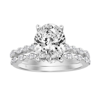 14K WHITE GOLD 3 1/3CT ROUND/OVAL DIAMOND LADIES BRIDAL SET (CENTER STONE OVAL DIAMOND 3CT)