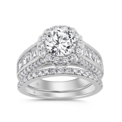 14K WHITE GOLD 4.00CT ROUND/EMERALD DIAMOND LADIES BRIDAL SET (CENTER STONE ROUND DIAMOND 1 1/2CT)