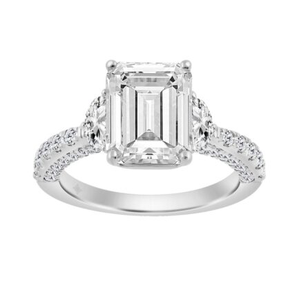 14K WHITE GOLD 4.00CT ROUND/EMERALD/HALF MOON DIAMOND LADIES RING (CENTER STONE EMERALD DIAMOND 3CT)