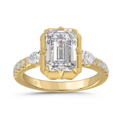 14K YELLOW GOLD 3 1/2CT ROUND/PEAR/EMERALD DIAMOND LADIES RING (CENTER STONE EMERALD DIAMOND 3CT)