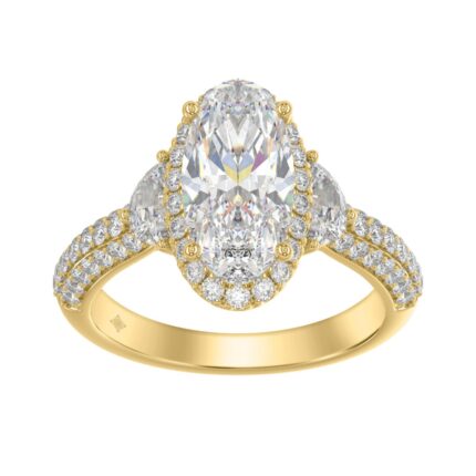 14K Yellow Gold 3 1/4Ct Oval Diamond Bridal Halo Ring  Oval, Half Moon & Round Cut Engagement Ring For Women 2.00Ct Oval Center Stone (Color F-G -Clar