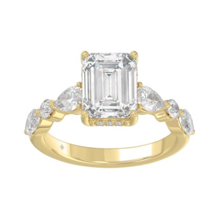 14K Yellow Gold Emerald Cut Diamond Classic Bridal Ring for Ladies 4.00CT with Pear Round & Marquise Diamond 3.00CT Emerald Center stone (Color F-