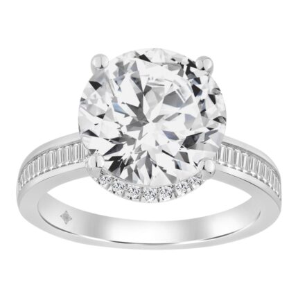 3 1/2CT  Round Brilliant Diamond & Baguette Diamond Ladies Bridal Ring 14K White Gold Ladies Engagement Ring (3.00CT Round Center stone (Color F-G -Cl