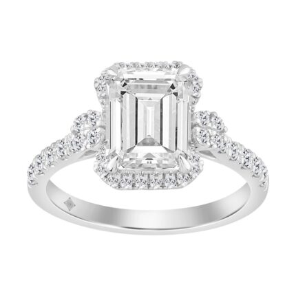 Elegance Ladies 14K White Gold 3 1/2CT Round Lab Grown Diamond Bridal Ring & Emerald Cut Halo Engagement Ring for Women (3.00CT Emerald Center stone (