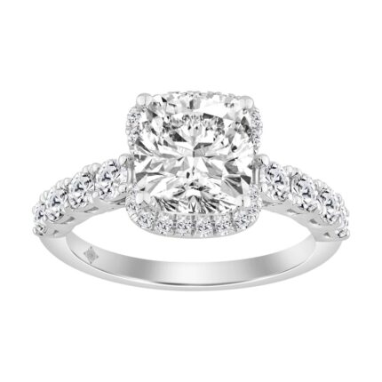 Elegance Ladies 3 3/4CT Round/Cushion Lab Grown Diamond Bridal Ring 14K White Gold Ladies Engagement Ring with 3.00CT Cushion Center stone (Color F-G
